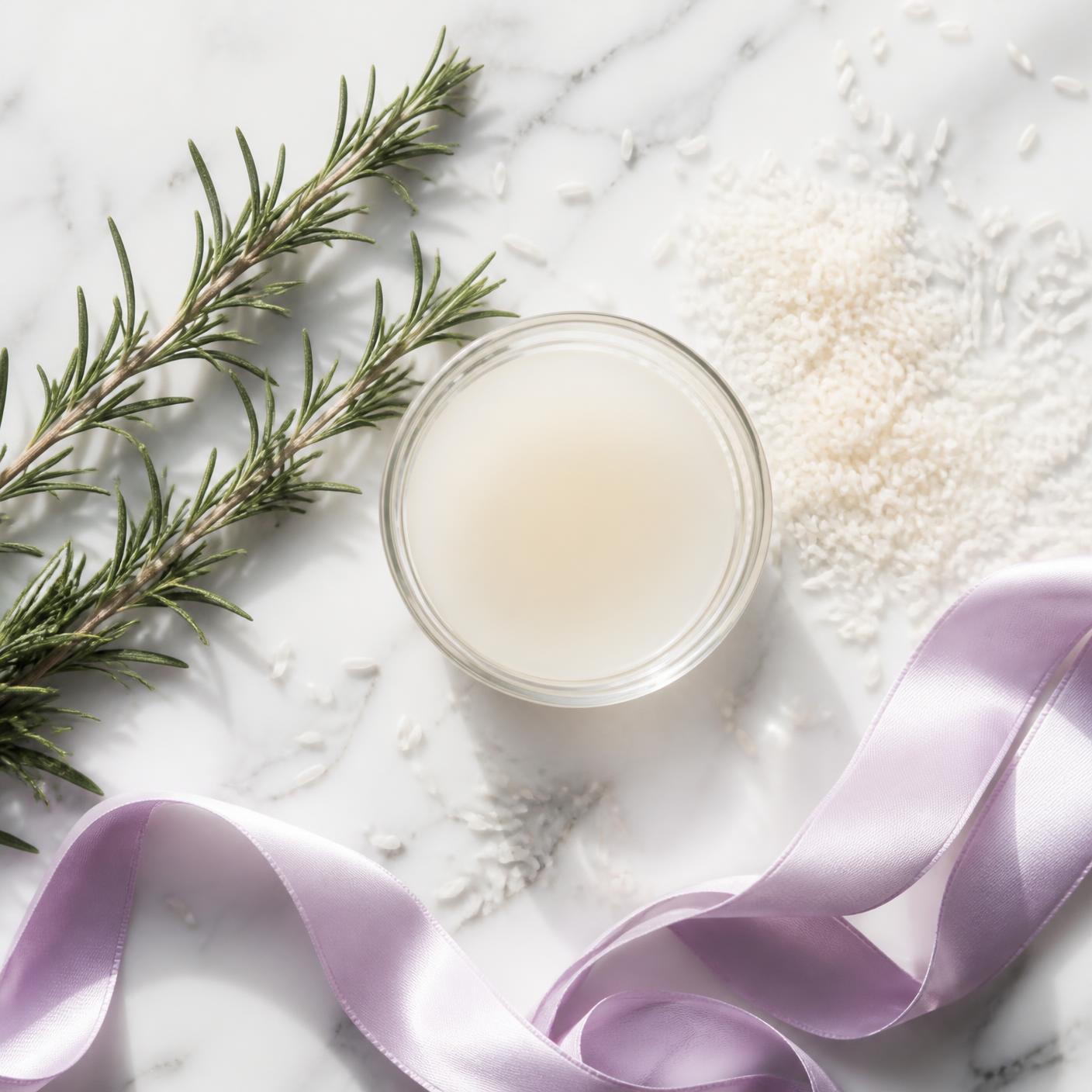 Fresh rosemary sprigs, rice water and rice grains on white marble